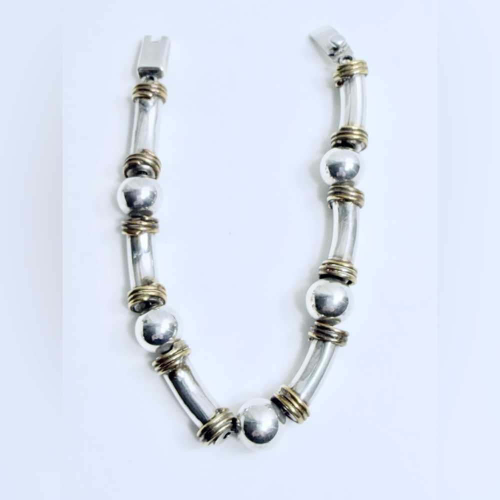 Vintage Unique Heavy Sterling Silver Ball & Tube w/Brass Wrapped Trim Bracelet - Picture 9 of 16